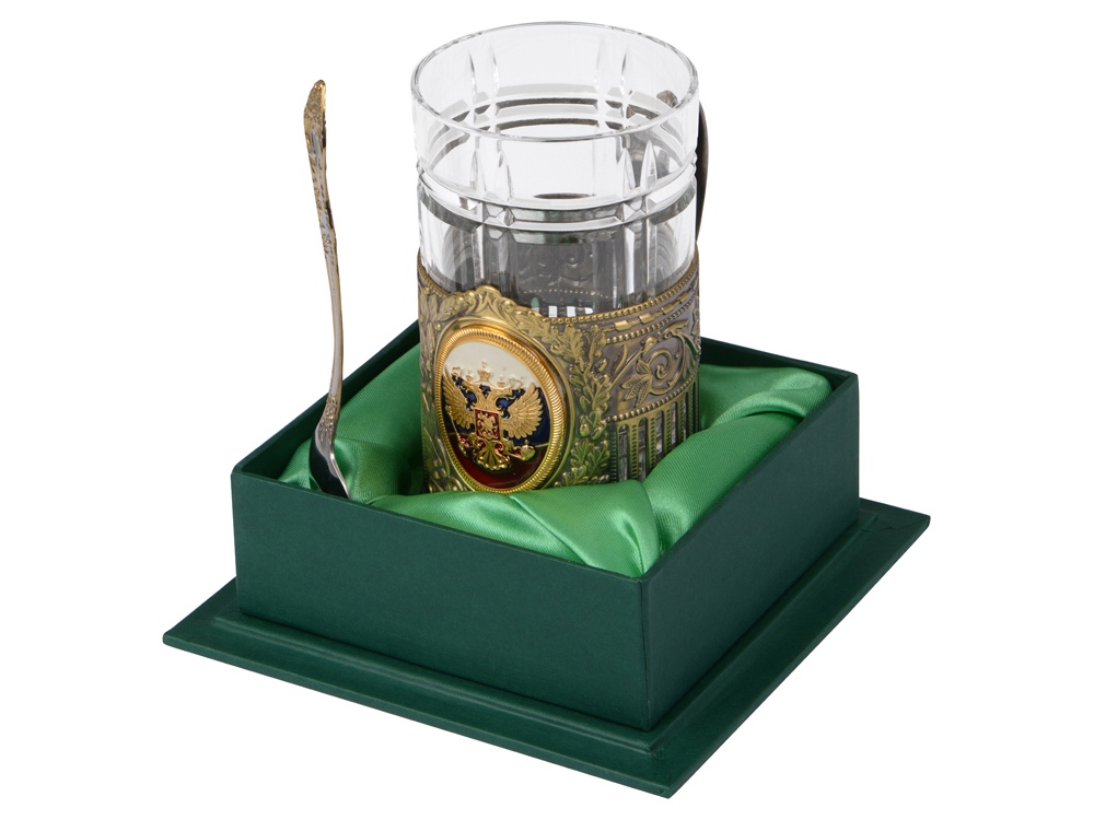 Подстаканник с хрустальным стаканом и ложкой Российский с логотипом  | Print Logo