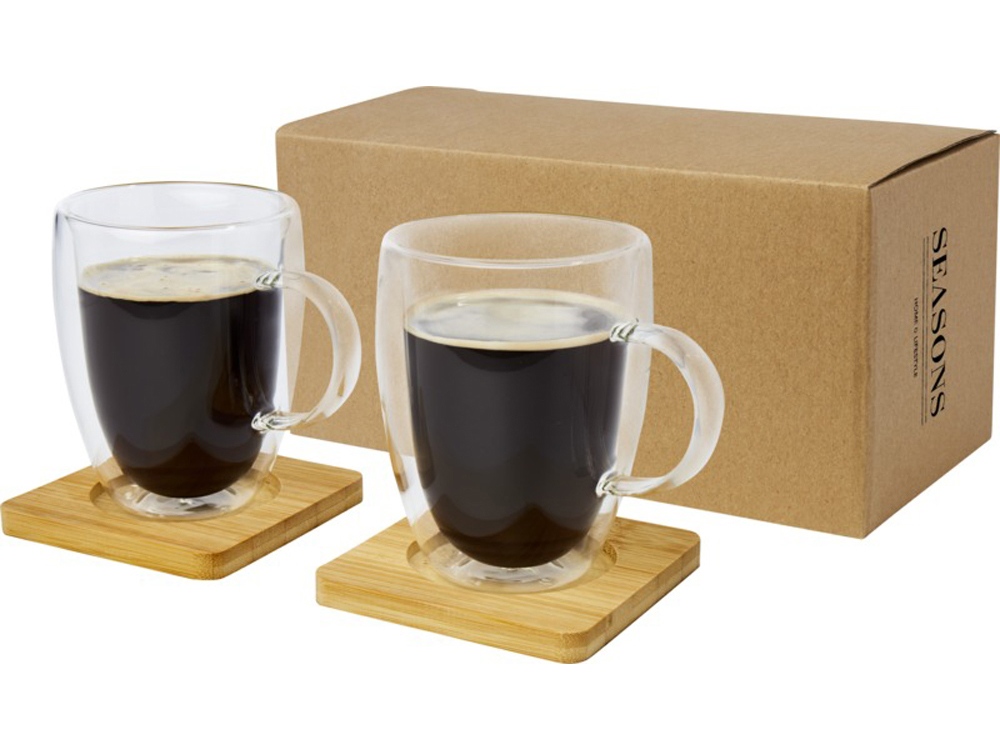 Стеклянный стакан Manti с двойными стенками и подставкой, 350 мл, 2 шт с логотипом Seasons | Print Logo